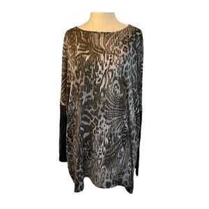 Clara Sun Woo Animal‎ Print Top Black Brown White Knit Faux Leather Long Sleeves